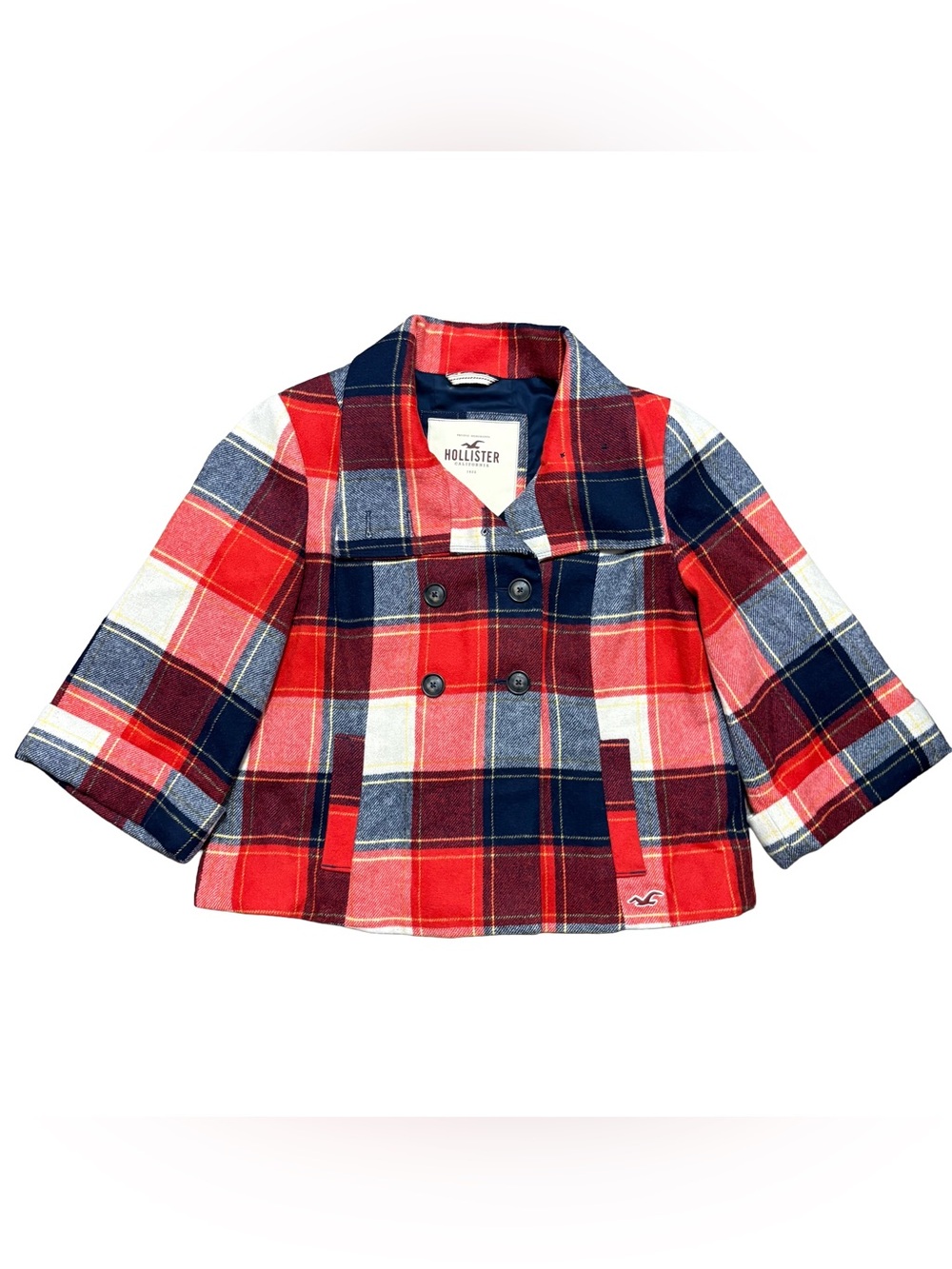 Vintage Hollister Y2K Plaid Cropped Swing Peacoat Jacket Red Blue M